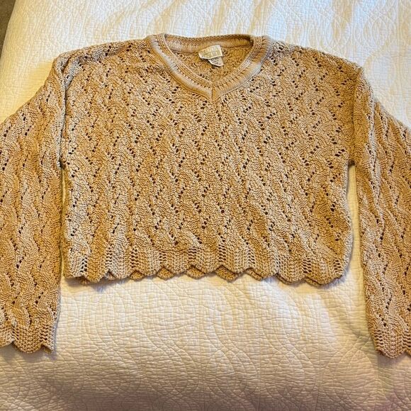 Vintage Open Knit Scalloped V Neck Cotton Cottagecore Sweater Beige Tan Medium - Picture 5 of 8